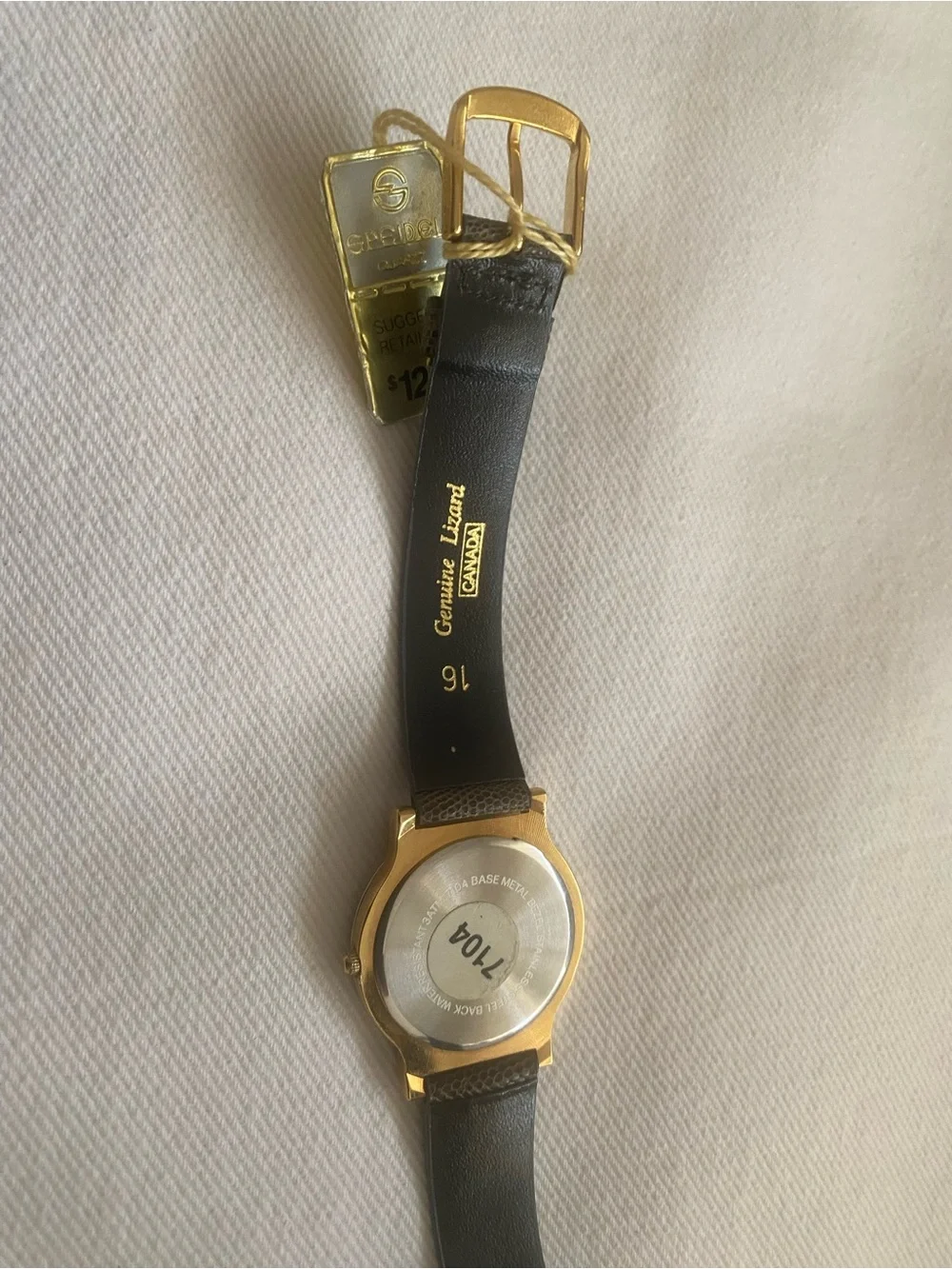 Vintage Spidel Gold-Tone Case Watch with Olive Green Leather Strap